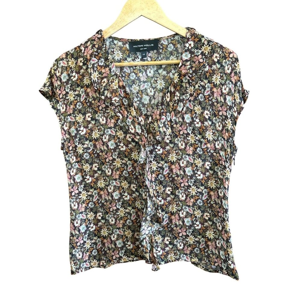 Hilton Hollis New York Floral Ruffle Neckline Blouse XS Cap Sleeve Baby Doll